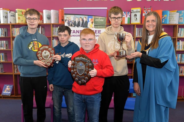 Tandragee Junior High School vice principal, Mrs Laverne Inns pictured with prize winners from the school's Learning Support Unit on prize day. Pupils included from left, Samuel Quinn, Bailey Robinson, Lee Moore and Ryan Quinn. PT44-206.