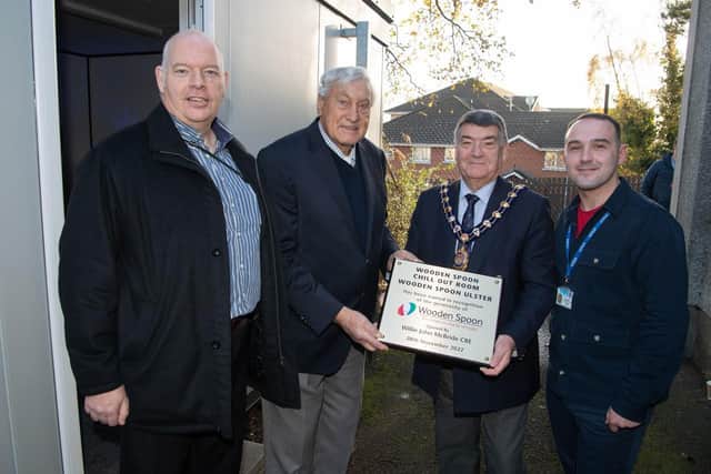Pictured, from left: Housing Executive Good Relations Officer John Read; Willie John McBride; Mayor of East and Mid Antrim Alderman Noel Williams  and Dean Nutt, interim director of operations Larne YMCA.