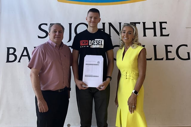 Kajus Ciujevas pictured with St John the Baptist's College  Principal Mrs Noella Murray and Mr Paul Rath (exams officer). Kajus was our boy higher achiever with 3 A*’s, 4A’s. 2B’s and 1C*.