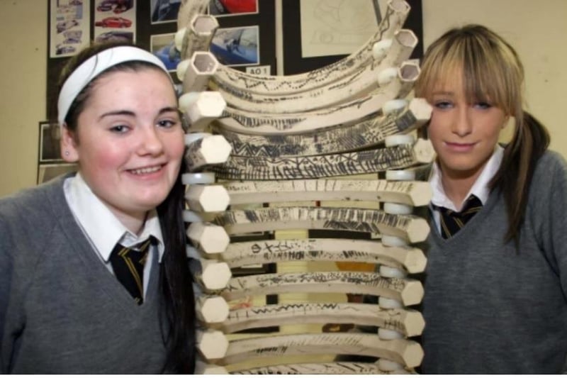 Donna Douglas and Kristy McCooney of Newtownabbey Community High School along with the sculpture which is being made by the school for Whiteabbey Hospital in 2007.