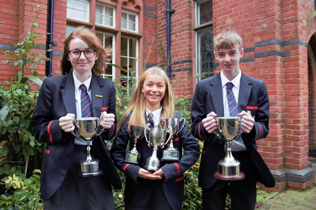 GCSE Prizes Winners: Hannah Kinloch and Jacob McCartney - The David Bell Trophy for GCSE Geography, Megan Barbour - The Tracey Carberry Cup for GCSE Biology, The Adeline Benn Cup for GCSE Food and Nutrition, The Cecil Maguire Cup for GCSE English Literature, University of Aberdeen Prize.