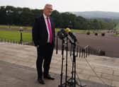 Ulster Unionist Party leader-elect Mike Nesbitt speaking to members of the media outside Stormont. He said he feels "very confident" that he has got the support of "the vast majority if not all" of the UUP's elected representatives. Photo: Brian Lawless/PA Wire