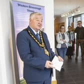 Mayor of Causeway Coast & Glens Steven Callaghan speaks during the launch of ‘Threads and Stitches of our Changing Landscape’ in Roe Valley Arts and Cultural Centre. Credit McAuley Multimedia