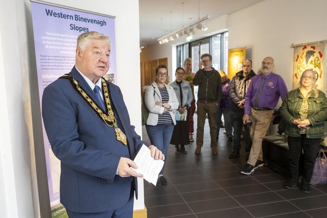 Mayor of Causeway Coast & Glens Steven Callaghan speaks during the launch of ‘Threads and Stitches of our Changing Landscape’ in Roe Valley Arts and Cultural Centre. Credit McAuley Multimedia