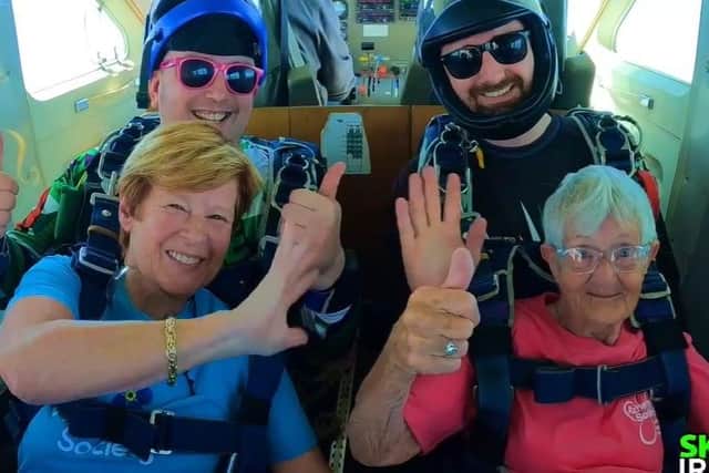 Thumbs up from Doris and daughter Caroline ahead of their skydive.