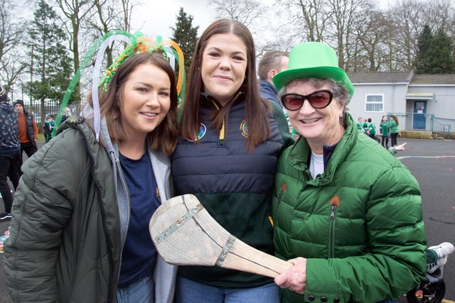 Getting iton the spirit of the day are from left, Mairead O'Hare, Rebecca Harte and Angela Toal. LM12-225.