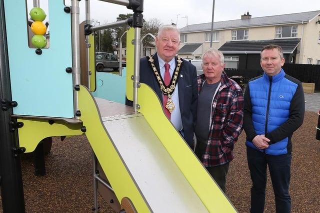 Pictured admiring the recent works at Glenullin Play Park - Mayor of Causeway Coast and Glens Councillor Steven Callaghan, Councillor Ciarán Archibald and Garry Cardwell, Council Funding Support Officer.