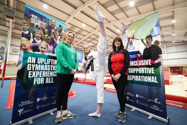 Robyn Hastings, Chair of Gymnastics NI; Wallace High School student Amy Stewart, British Freestyle Taekwondo Champion, gymnast and coach, and Mandy McMaster, CEO at Salto. Picture: Presseye