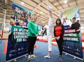 Robyn Hastings, Chair of Gymnastics NI; Wallace High School student Amy Stewart, British Freestyle Taekwondo Champion, gymnast and coach, and Mandy McMaster, CEO at Salto. Picture: Presseye