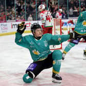 Belfast Giants’ Josh Roach celebrates scoring against the Cardiff Devils during Saturday night’s EIHL game at the SSE Arena, Belfast.   Photo by William Cherry/Presseye