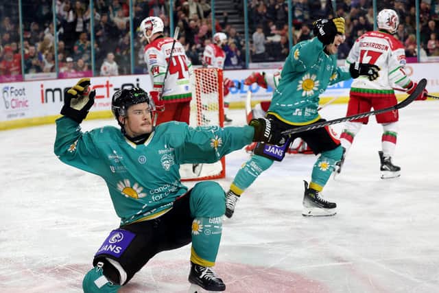 Belfast Giants’ Josh Roach celebrates scoring against the Cardiff Devils during Saturday night’s EIHL game at the SSE Arena, Belfast.   Photo by William Cherry/Presseye