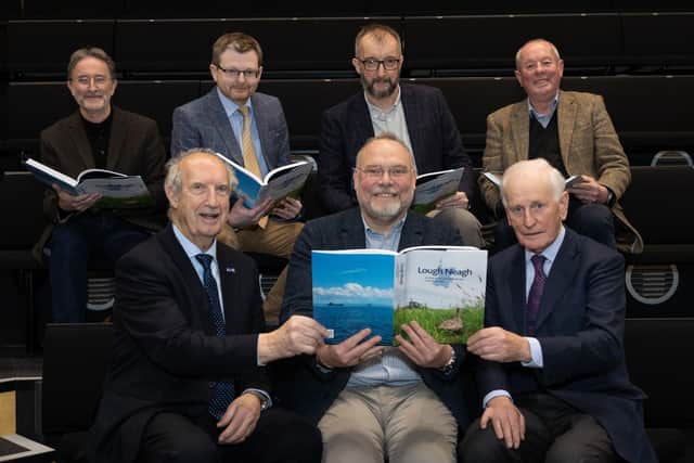 Jim McGreevy, The National Lottery Heritage Fund; William Roulston of The Ulster Historical Foundation; William Burke and Liam Campbell, Joint Editors of the newly launched Lough Neagh Atlas; Arnold Hatch and Gerry Darby of Lough Neagh Partnership; and Sir Denis Desmond of The Ulster Historical Foundation, at the launch of Lough Neagh Atlas, Lough Neagh: An Atlas of the Natural, Built and Cultural Heritage. Pic: John O'Neill
