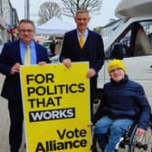Alliance Party MP Stephen Farry with Chris Hillcox (Cookstown) and Padraic Farrell (Magherafelt) on the campaign trail in Cookstown.