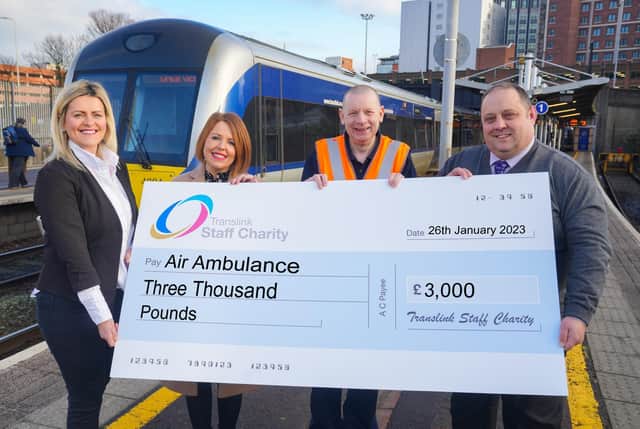 Pictured L-R are Air Ambulance’s Colleen Milligan with Translink Staff Charity Fund Representative Lynsey Fee with colleagues Ronnie Martin and Colin Burns.  Photo by Aaron McCracken