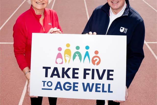 Lady Mary Peters, and John D’Arcy, Director of The Open University launching the  Take Five To Age Well. Credit: The Open University