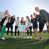 At the launch of the Lidl Northern Ireland Sport for Good Schools Programme are, from left: Lidl Northern Ireland Senior Partnerships Manager Joe Mooney, Youth Sport Trust Development Manager Louise Gray, Paralympics athletics champion Michael McKillop MBE, World Champion gymnast Rhys McClenaghan, European Championship 1500 metre silver medallist Ciara Mageean, six-time Paralympic gold medallist swimmer Bethany Firth OBE, Olympic hockey hero Shirley McCay MBE, Olympic steeplechaser Kerry O’Flaherty, and Lidl Northern Ireland Sales Operations Director Gordon Cruikshanks.