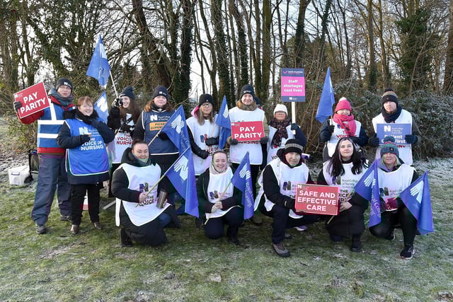 Craigavon Area Hospital nurses who joined the mass picket on Thursday morning. PT03-239.