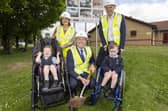 Education Minister Paul Givan cuts the first sod for the project at Kilronan School.  Included, from left to right, are the principal Sharlene Deehan; pupil Grace; Damien Mitchell, vice chair of the board of governors and pupil Bobby. Photo provided by Department of Education