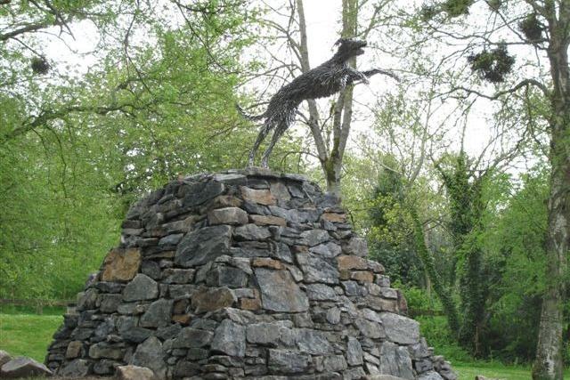 Dog Leap sculpture in Roe Valley Country Park in Limavady which derives its name from 'Leim an Mhadaidh' and means ‘Leap of the Dog’. The Dog Leap relates to a faithful guard dog of the O'Cahan's which is said to have leapt over the river gorge to warn its master of approaching enemies. 
Take a walk though the beautiful Roe Valley Country Park to see this