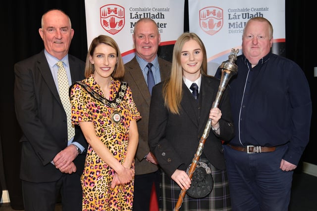 Pictured at the Civic Awards is Kara Gilmour, Adult Drum Major World Champion. Also pictured are Council Chair, Councillor Corry and nominating councillors, Councillor Wilson, Councillor Brown, and Councillor McLean.