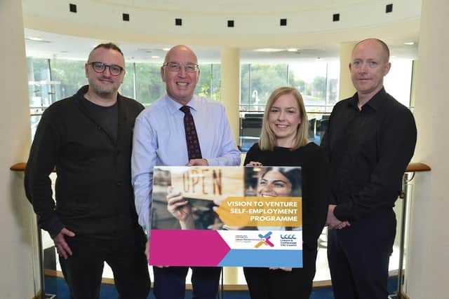 Neil Crothers, Department for Communities, Councillor John Laverty BEM, Chair of the Council’s Regeneration and Growth Committee, Bronagh Cavlan and Eamonn Cavlan, Tangible Consulting. Pic credit: LCCC
