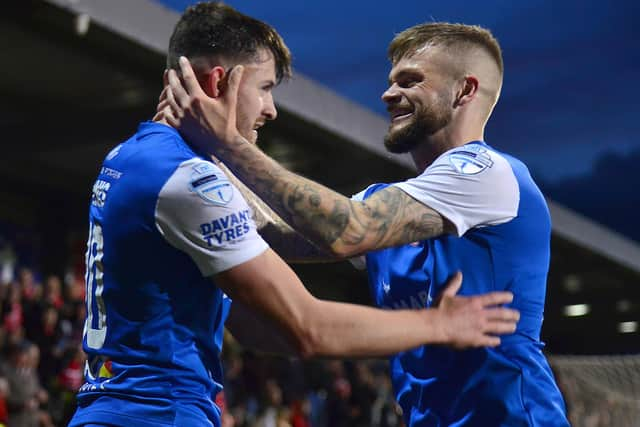 Larne’s Lee Bonis pictured after scoring his teams second goal during Friday night's game at Seaview. Picture By: Arthur Allison/Pacemaker Press