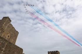 The Red Arrows fly over Carrickfergus Castle in 2021. Picture by Matt Mackey / Press Eye.