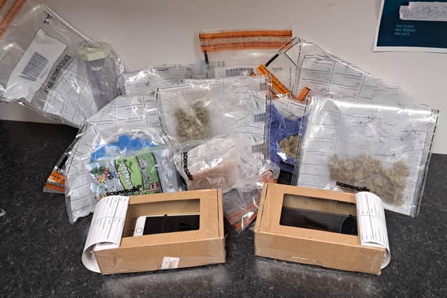 A number of items were seized including a large quantity of suspected cannabis and other drugs related paraphernalia in Ballymoney.  Picture: PSNI