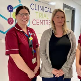 Caroline Clarke with Claire McKinley (Research Nurse, South Eastern Trust) and Emma Gibson (Lead Research Nurse, South Eastern Trust). Pic credit: SEHSCT
