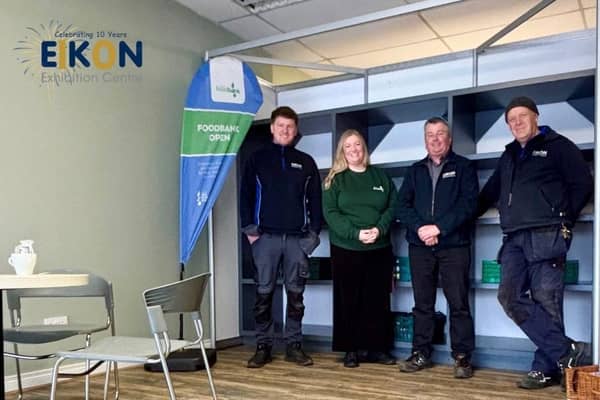 Lynsey Agnew, CEO Lisburn Foodbank and Eikon Exhibition Centre Operations Team. Pic credit: Eikon Exhibition Centre