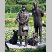 The new sculpture of Her Late Majesty Queen Elizabeth II stands adjacent to the statue of her late husband, Prince Philip. the Duke of Edinburgh in Antrim Castle Gardens. Picture: Stephen Davison / Pacemaker.