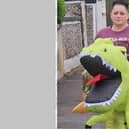 Ellie McDowell out practising in her dino costume ahead of Sunday's marathon. Picture: Ellie McDowell