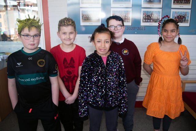 Senior LSC pupils at Ballyoran Primary School pictured sporting their funky hairstyles including from left, Cian, Jakub, Alesshandra, Lorcain and Faustina. PT12-251.