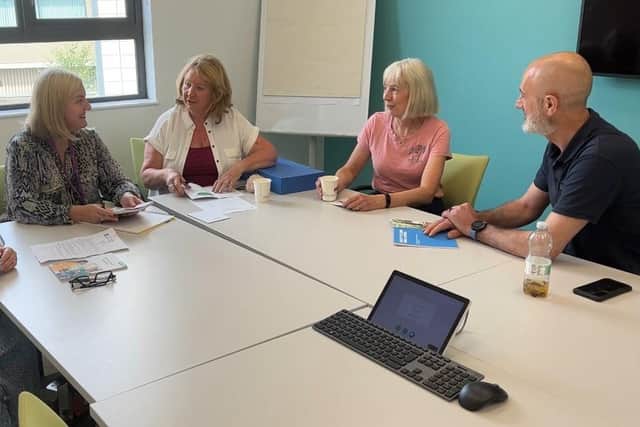 L-R Consultant Skin Cancer Nurse and Co-Chair of the Cancer Services User Forum Sheena Stothers, Macmillan Health and Wellbeing Co-ordinator Karen Kelly, Caroline Fleming, Helen O’Fee and Danny Rodgers. Pic credit: SEHSCT