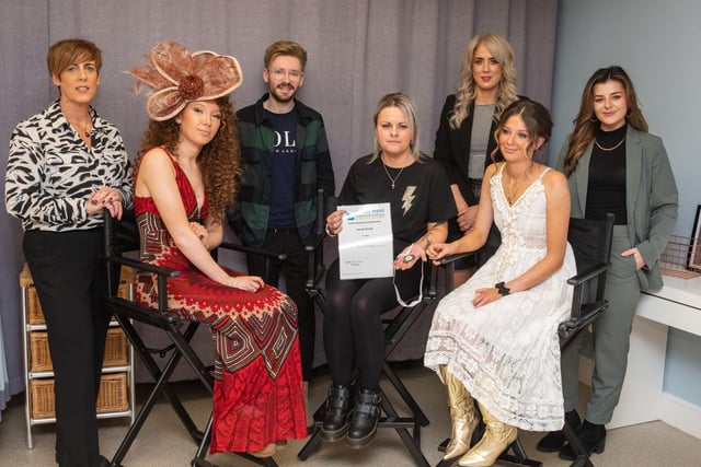 Hairdressing student Rachel Donaghey with Curriculum Manager Cara Hegarty, models Kayleigh Gillander and Demi Porter, and judges Emma Bradley, Christopher Young, and Hannah McCurdy.