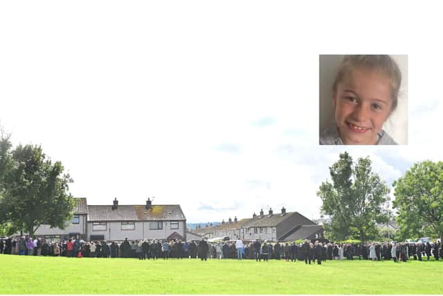 A large crowd of mourners gathered in Larne to support the family of eight-year-old Scarlett Rossborough (inset) as her funeral took place. Main image: Pacemaker