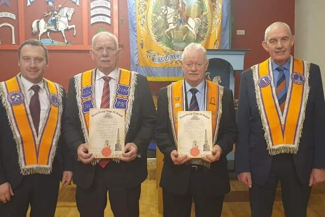 Wor Bro Lyle Taggart and Bro James Taggart with Worshipful District Master Wor Bro Wesley Craig and Deputy District Master Wor Bro Cyril Quigg, both from Bushmills District No21