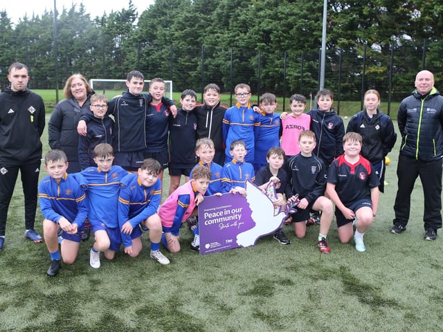 Pupils from Coleraine Grammar and Loreto College who participated in “Different Ball Same Goal” sessions in Coleraine during October.