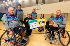 Craigavon Lakers Wheelchair Basketball Club: From L-R: Colin Shields, player; Anna Shields, player and coach; Niamh Dunbar from Centra Lake Road in Craigavon; Sarah Cousins, coach; Jennifer Morton, Centra Brand Manager; Ciaran Bradley, player; Mark Finney, captain.