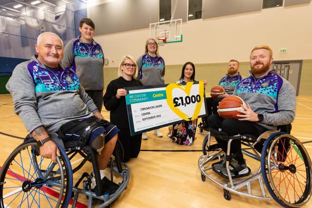 Craigavon Lakers Wheelchair Basketball Club: From L-R: Colin Shields, player; Anna Shields, player and coach; Niamh Dunbar from Centra Lake Road in Craigavon; Sarah Cousins, coach; Jennifer Morton, Centra Brand Manager; Ciaran Bradley, player; Mark Finney, captain.