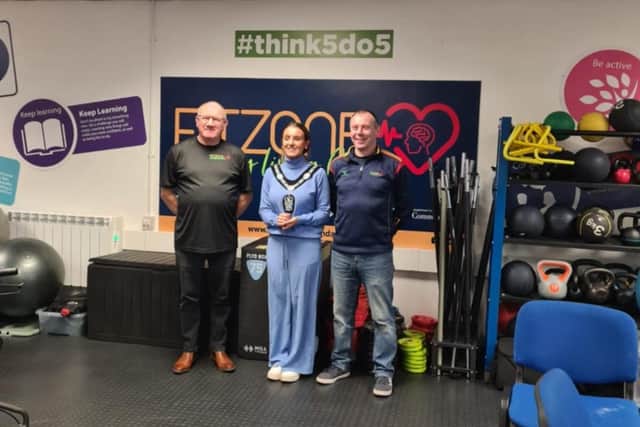 Lord Mayor of Armagh, Banbridge and Craigavon Council, Cllr Sarah Duffy, with Tony Campbell and Sean Collins of the Fitzone in Criagavon.
