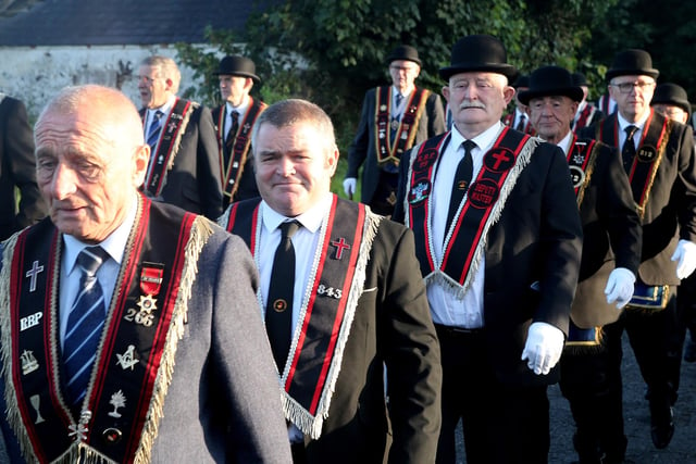 Agivey Knights of Ulster RBP 843 and Blackhill Golden Star RBP 71 at their annual church service held at St Guaire's Church Aghadowey on Sunday