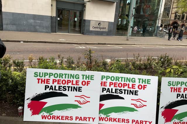 Workers Party placards carried at the march to the BBC displayed during the speeches outside the BBC headquarters in Belfast.