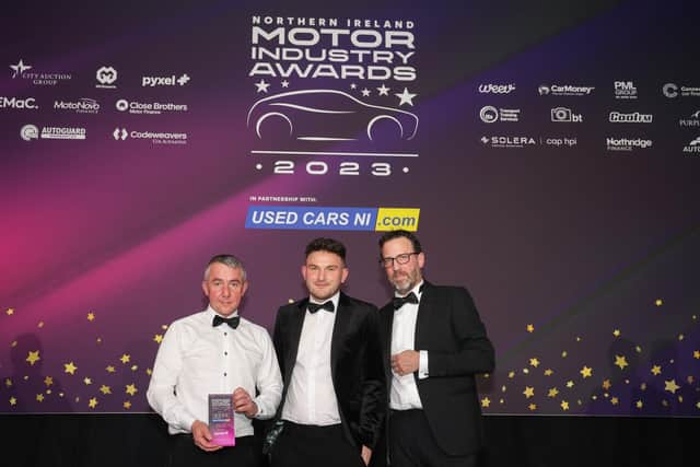 From left to right,  Ian Lamont and Adam Watt, Roadside Garages and Joe Kavanagh, Head of Sales & Company Director Ireland at Pyxel. Credit Brian Thompson