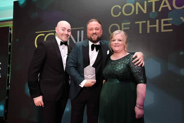 Comedian Paddy Raff with Power NI’s Alex Telford, winner of CCNNI Contact Centre Manager of the Year 2022, along with Christine Allen of Ulster Bank.  Kathy Moffett from Coleraine, and Ruth Sloan from Garvagh, are both nominated in the Team Leader of the Year category at the 2023 awards. Credit Power NI