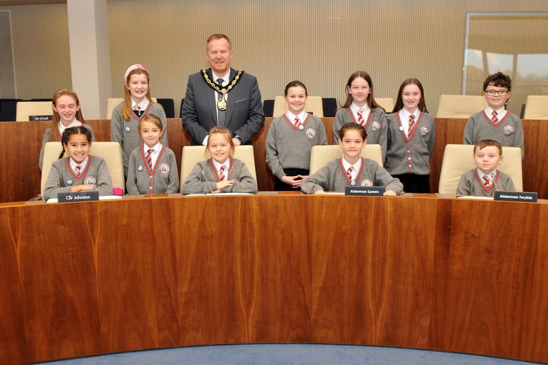 Lord Mayor of Armagh City, Banbridge and Craigavon, Councillor Paul Greenfield  welcomes the members of the St John the Baptist Primary School, Portadown, school council to the Council Chamber at Craigavon Civic Centre.