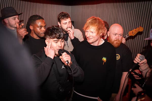 Joseph Robinson - aka 'Wee Joe' - from Lurgan loving the moment of performing with Ed Sheeran at the Hotbox Entertainment studio in Belfast. Picture: Bradley Quinn.