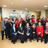 South West College (SWC) Principal and Chief Executive, Celine McCartan pictured with members of the Commencement Platform Party ready to celebrate the Higher Education successes of South West College (SWC) students.