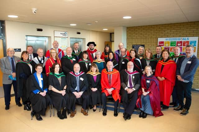 South West College (SWC) Principal and Chief Executive, Celine McCartan pictured with members of the Commencement Platform Party ready to celebrate the Higher Education successes of South West College (SWC) students.