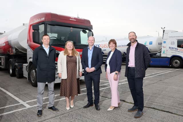 At the launch of the Home Heating Oil Support Scheme in Belfast are (L-R): Raymond Gormley, Consumer Council for Northern Ireland; Fiona Magee, Advice NI; Communities Minister Gordon Lyons; Nicole Lappin, Chair, NI Housing Executive; and David Blevings, Northern Ireland Oil Federation. Photo provided by DfC